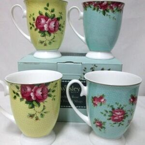 AYNSLEY Archive Rose footed Mugs Cups floral yellow blue Footed Fine China NEW